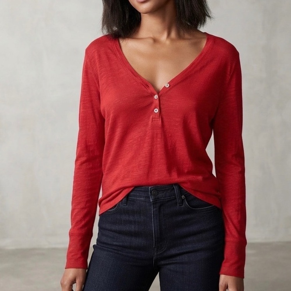 Victoria's Secret‎ Womens Red Slub Knit Long Sleeve V-Neck Henley Top Small